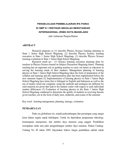 PENGELOLAAN PEMBELAJARAN IPA FISIKA DI SMP N 1 RINTISAN SEKOLAH ...