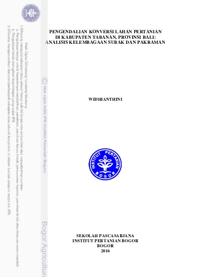 Pengendalian Konversi Lahan Pertanian Di Kabupaten Tabanan, Provinsi ...