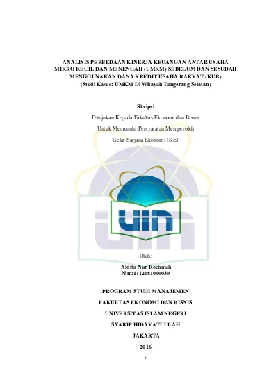 Analisis Perbedaan Kinerja Keuangan Antar Usaha Mikro Kecil Dan Menengah Umkm Sebelum Dan Sesudah Menggunakan Dana Kredit Usaha Rakyat Kur Studi Kasus Umkm Di Wilayah Tangerang Selatan