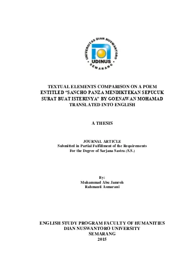 Textual Elements Comparison On A Poem Entitled Sancho Panza Mendiktekan Sepucuk Surat Buat Isterinya By Goenawan Mohamad Translated Into English