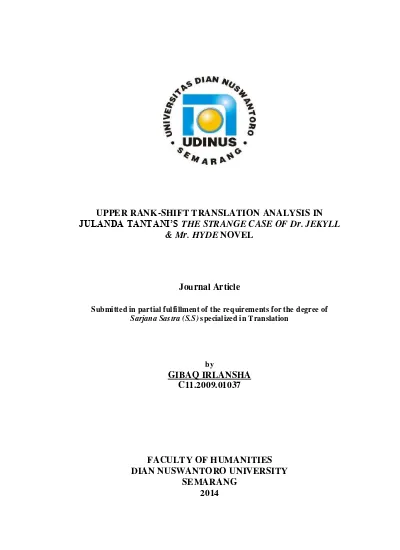 ANALISIS TERJEMAHAN UPPER RANK-SHIFT DI NOVEL THE STRANGE CASE OF Dr. JEKYLL & Mr. HYDE OLEH JULANDA TANTANI.