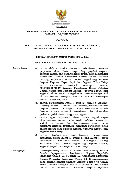 PERATURAN MENTERI KEUANGAN REPUBLIK INDONESIA NOMOR 113/PMK.05/2012 ...