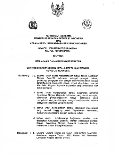 Keputusan Bersama Menteri Kesehatan RI Nomor 1088/MENKES/SKB/IX/2005 ...