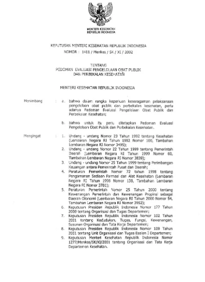 Keputusan Menteri Kesehatan Republik Indonesia Nomor 1411/MENKES/SK/XI ...