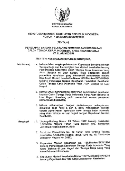 Keputusan Menteri Kesehatan Republik Indonesia Nomor 1586/MENKES/SK/XI ...