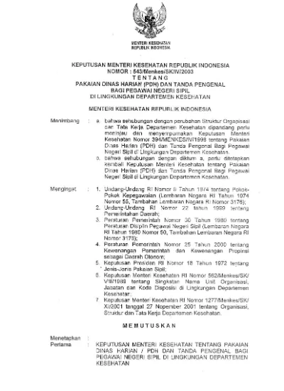 Keputusan Menteri Kesehatan Republik Indonesia Nomor: 543/MENKES/SK/IV ...