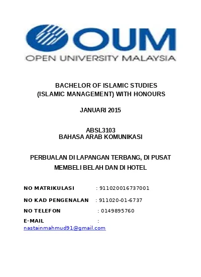 Bahasa Arab Untuk Tujuan Agama Analisis Keperluan Pelajar Sarjana Muda Bahasa Arab Dan Komunikasi Di Universiti Sains Islam Malaysia