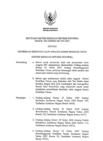 Keputusan Menteri Kesehatan Republik Indonesia Nomor 892/MENKES/SK/VIII ...