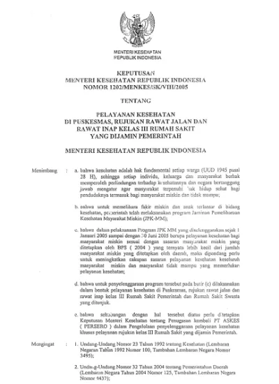 Keputusan Menteri Kesehatan RI Nomor 1202/MENKES/SK/VIII/2005 Tentang ...