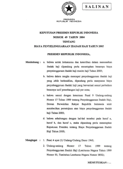 Keputusan Presiden Republik Indonesia Nomor 49 Tahun 2004 Tentang Biaya ...