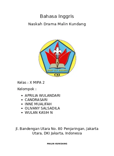 Bahasa Inggris Naskah Drama Malin Kundang Kelas X Mipa 2 Kelompok