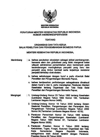 Peraturan Menteri Kesehatan Republik Indonesia Nomor : 446/MENKES/PER/V ...