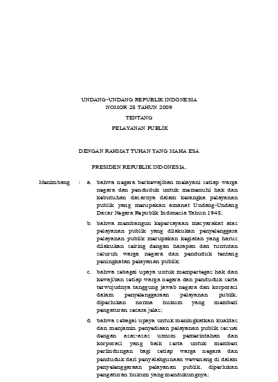 Undang-undang Republik Indonesia No. 25 Tahun 2009 Tentang Pelayanan ...