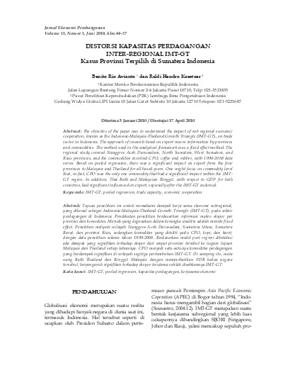 Distorsi Kapasitas Perdagangan Inter Regional Imt Gt Kasus Provinsi Terpilih Di Sumatera Indonesia