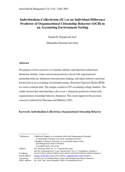 Individualism Collectivism Ic As An Individual Difference Predictor Of Organizational Citizenship Behavior Ocb In An Accounting Environment Setting