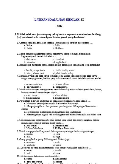 3 Soal Ujian Sekolah Us Sd Mi Sbk Dan Kunci Jawaban Kumpulin Soal Latihanussdsbk