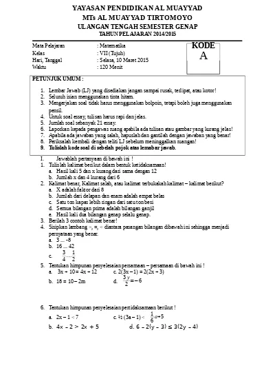 2 Soal Uts Al Qur An Hadits Kelas 7 Mts Semester 2 Genap Kumpulin Soal Uts2quranhaditsviii