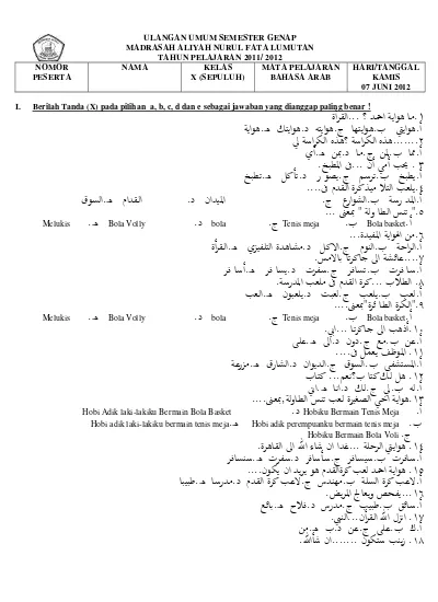 Soal Ukk Uas Bahasa Arab Kelas X Xi Semester 2 Genap Kumpulin Soal Uas 2 Bahasa Arab X