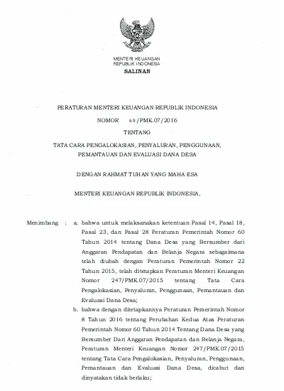 Permenkeu Nomor 49 Tentang Penyaluran Dan Penggunaan Dana Desa - INFODES