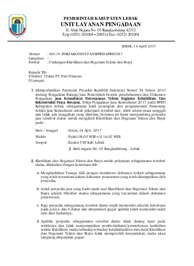 Surat Undangan Klarifikasi Dan Negosiasi Bpbd Doc