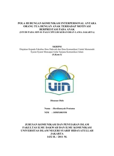 Pola Hubungan Komunikasi Interpersonal Antara Orang Tua Dengan Anak Terhadap Motivasi Berprestasi Pada Anak Studi Pada Sdn 01 Pagi Cipulir Kebayoran Lama Jakarta
