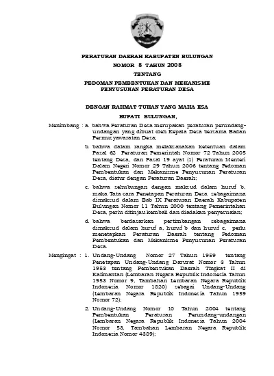 Perda No. 8 Tahun 2008 Ttg Pedoman Pembentukan Penyusunan Perdes