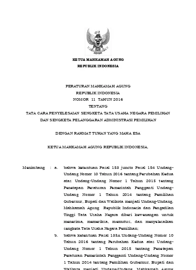 PERMA 11 Tahun 2016 Ttg Tata Cara Penyelesaian Sengketa Tata Usaha ...