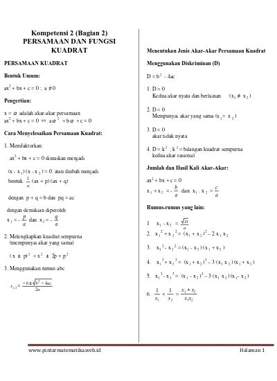 Soal persamaan kuadrat kelas 9 pdf