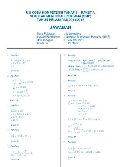 3 Kunci & Pembahasan Matematika Paket A