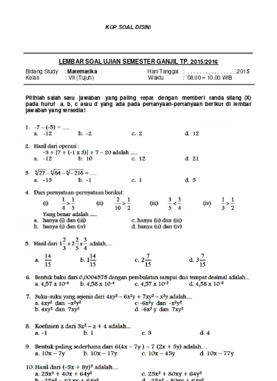 Soal Uts Matematika Kelas 8 Semester 1