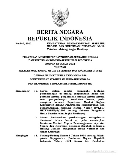 PERMEN KEMENPANRB Nomor 52 Tahun 2012 (PERMEN Nomor 52 Tahun 2012)