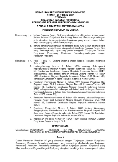 Peraturan Presiden Republik Indonesia Nomor 43 Tahun 2007 Tentang ...