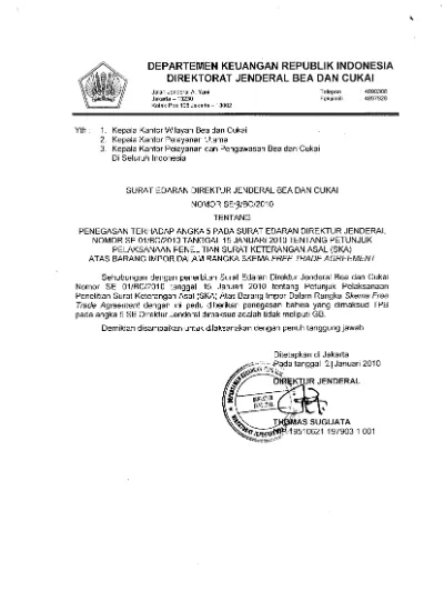 SURAT EDARAN DIRJEN BEA DAN CUKAI NOMOR SE-03/BC/2010