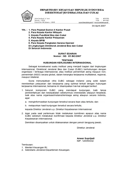 SURAT EDARAN DIRJEN BEA DAN CUKAI NOMOR SE-05/BC/2007