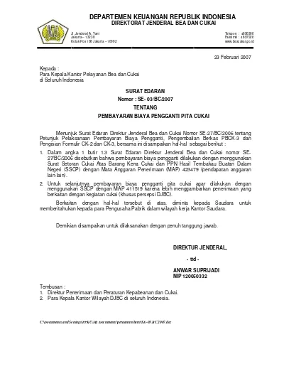 Surat Edaran Dirjen Bea Dan Cukai Nomor Se-03 Bc 2007