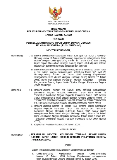 PERATURAN MENTERI KEUANGAN NOMOR 148/PMK.04/2007