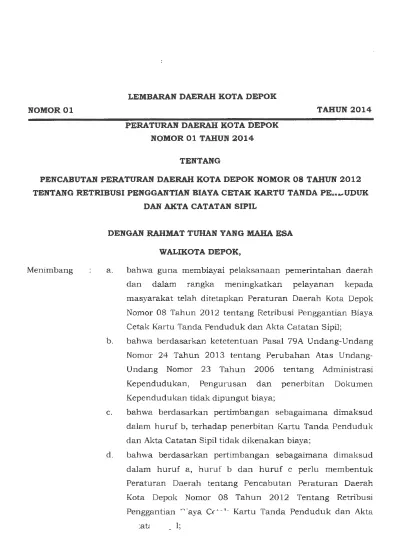 PERDA KOTA DEPOK THN 2014 NO 01 TTG PENCABUTAN PERDA NO 08 TAHUN 2012 ...