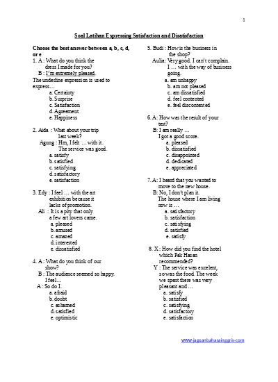 Soal Latihan Expressing Satisfaction and Disatisfaction