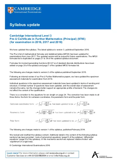 Cambridge Pre-U Further Mathematics (9795)