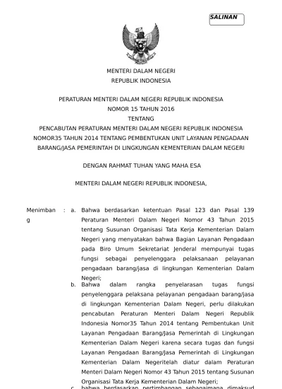 Peraturan Menteri Dalam Negeri Republik Indonesia Nomor 15 Tahun 2016 Tentang Pencabutan