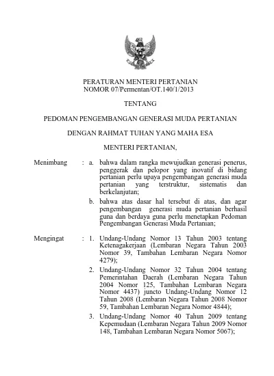 PERATURAN MENTERI PERTANIAN NOMOR 07/Permentan/OT.140/1/2013 TENTANG ...