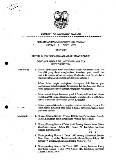 Perda No 06 Tahun 2002 Tentang Retribusi Ijin Tebang Kayu Milik Hutan