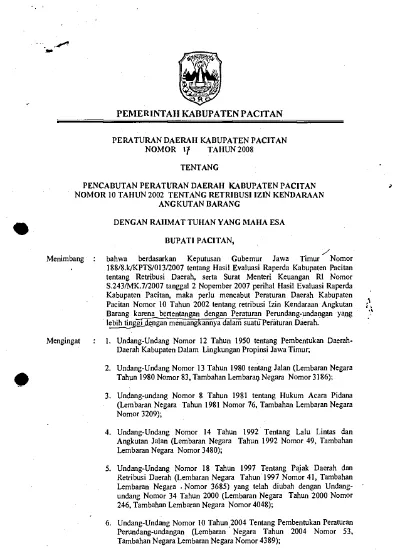 PERDA NO 17 TAHUN 2008 PENCABUTAN PERATURAN DAERAH KABUPATEN PACITAN ...