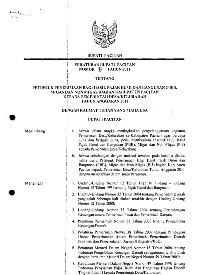 Perbup No 08 Tahun 2011 Tentang Petunjuk Penerimaan Bagi Hasil Pajak Bumi Dan Bangunan Pbb Migas Dan Non Migas Bagian Kab Pacitan