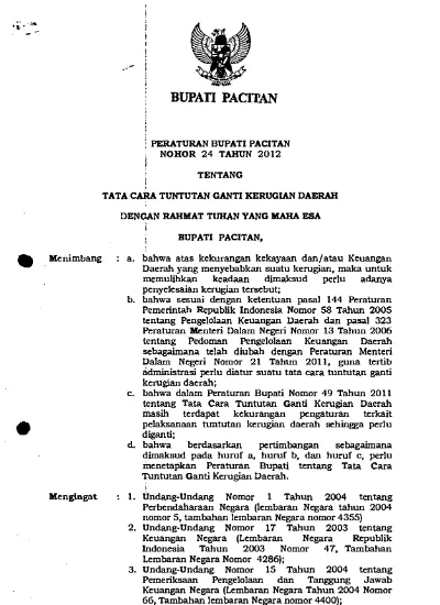 Perbup No 24 Tahun 2012 Tentang Tata Cara Tuntutan Ganti Kerugian Daerah 1885