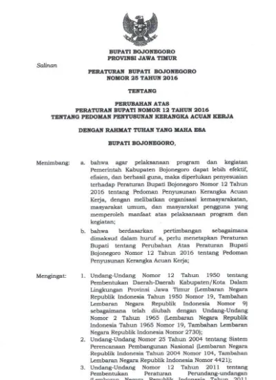 Peraturan Bupati Nomor 25 Tahun 2016 Tentang Perubahan Atas Peraturan