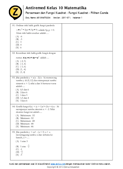 Soal Pilihan Ganda Persamaan Kuadrat Dan Pembahasannya Kelas 9