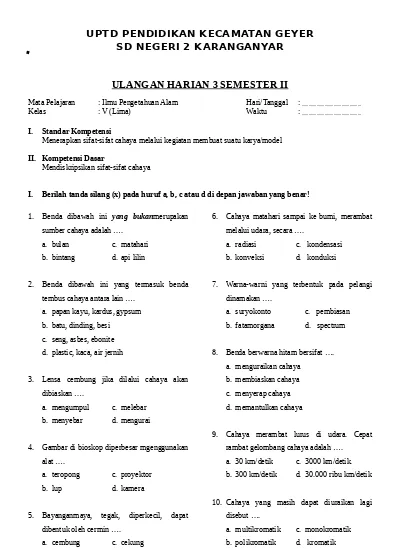 Soal Ulangan Harian Kelas 6 Sd Terbaru Uh3 Ipa Kelas Vi 2