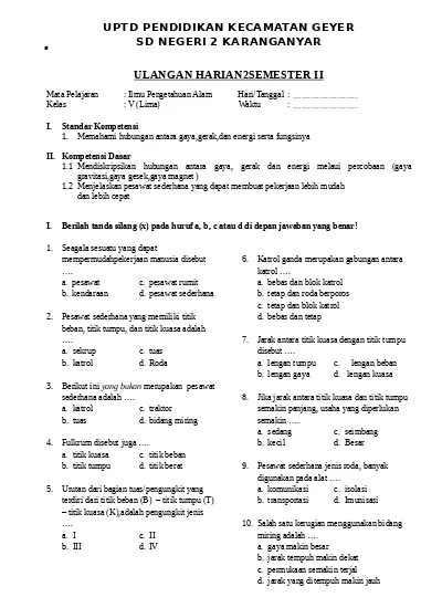 Kumpulan Soal Soal Ulangan Semester I Ganjil Dan Pembahasan Kelas 5a Kurikulum 2013 Tapel 2015 2016 Soal Btq Kelas 5a 1