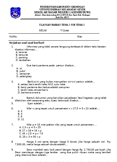 2 Soal Ulangan Harian Tema 2 Sub Tema 2